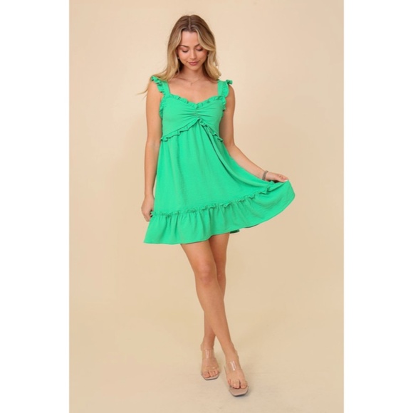 SOLD OUT Green Babydoll Ruffle Trimmed Mini Sleeveless Summer Vacation Casual - Picture 3 of 6